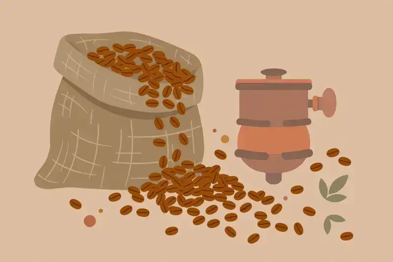 A flat illustration of roasted coffee beans spilling from a burlap sack beside a hand grinder