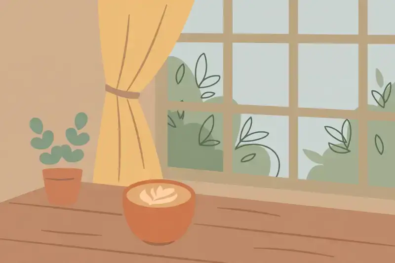 A flat illustration of a ceramic cup with latte art on a wooden table