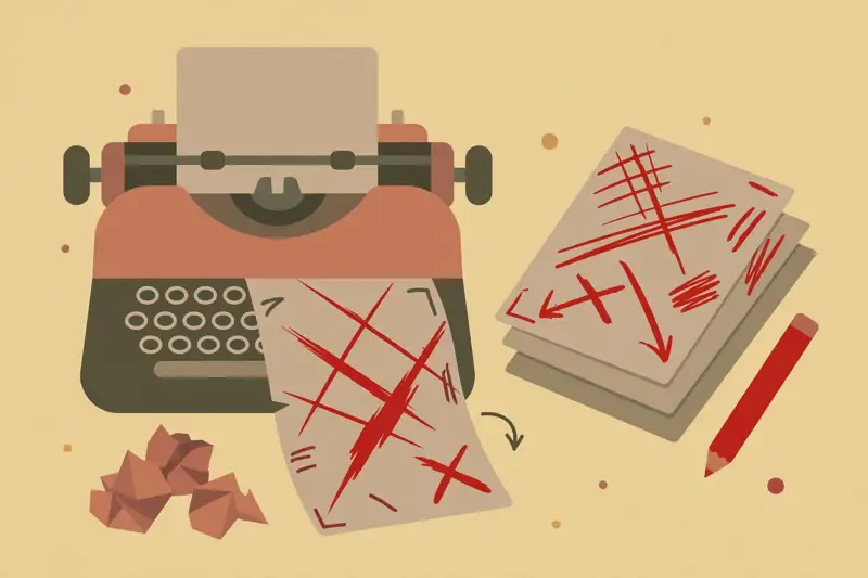 A vintage typewriter with edited pages and a red pencil