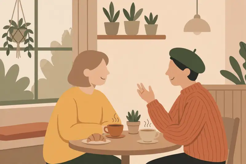 Two people having a friendly conversation over coffee in a cozy cafe