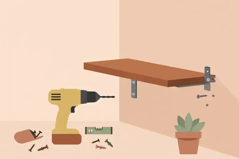A power drill beside a wooden shelf being mounted