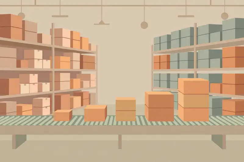 A warehouse with shelves of boxes and a conveyor belt
