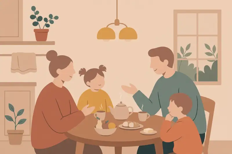 A family sitting together talking warmly around a table