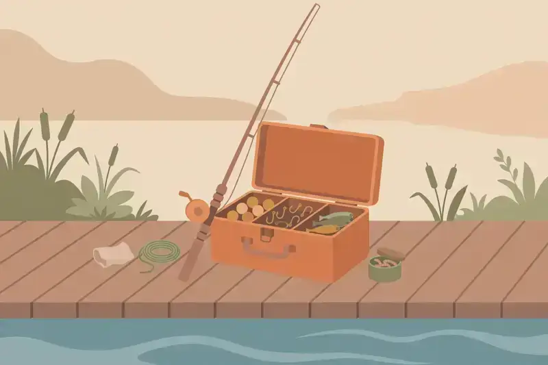 A flat illustration of a fishing rod and tackle box on a wooden dock
