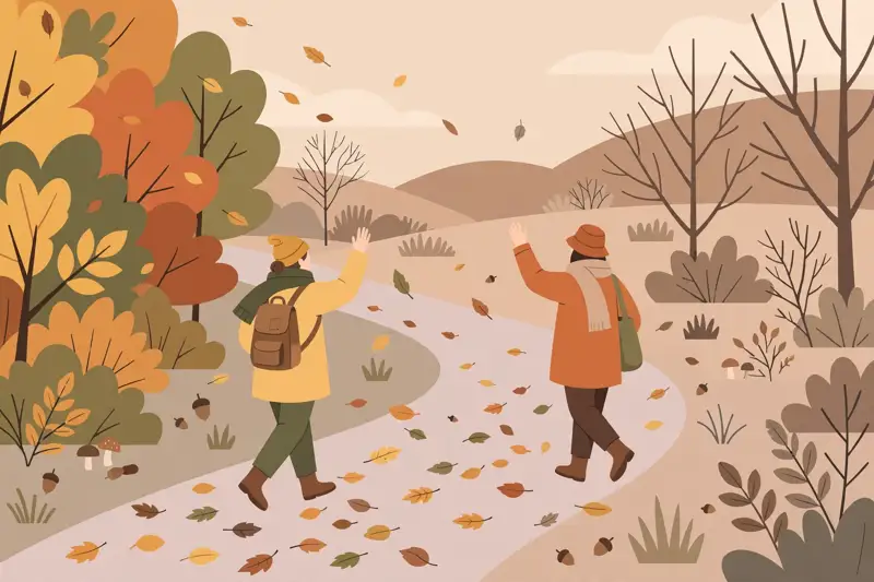 Two friends parting warmly on a path as seasons change around them