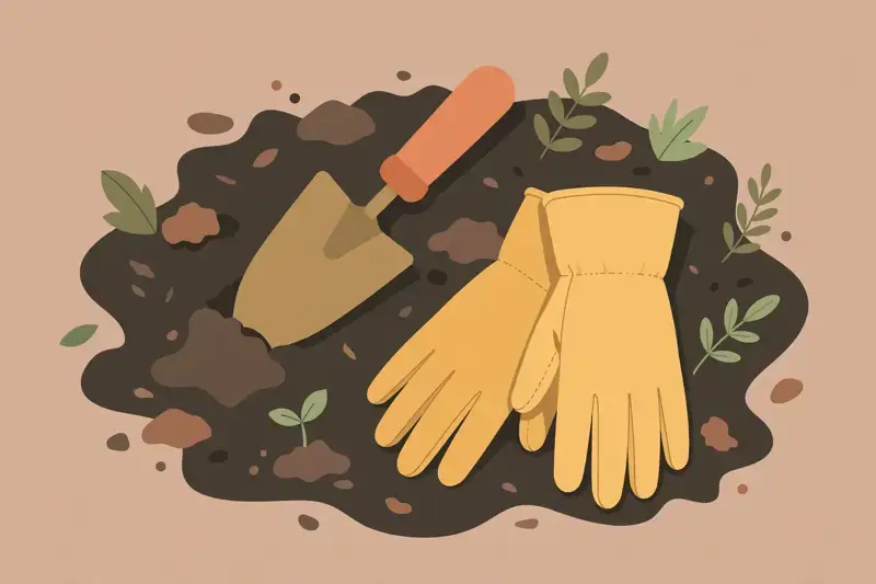 Garden tools resting in soil, trowel and gloves