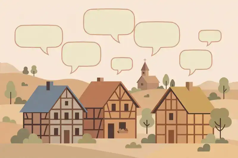 A flat illustration of speech bubbles floating over a German village with half-timbered houses