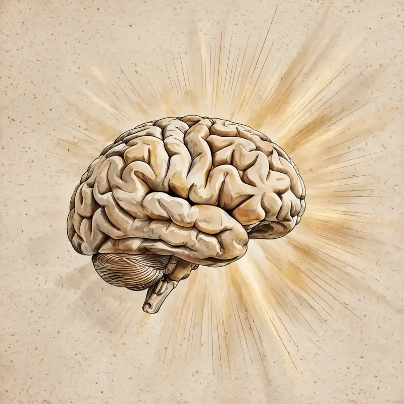 A smiling brain with sun rays, the science of happiness