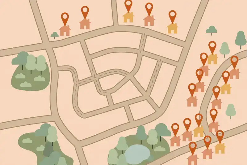 A neighborhood map with house pins marking homes for sale
