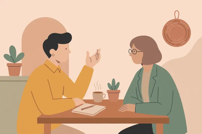 Two people in a friendly job interview conversation across a table