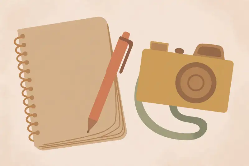 A reporter's notepad and pen beside a camera