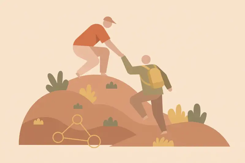 One person helping another climb a hill, giving before getting