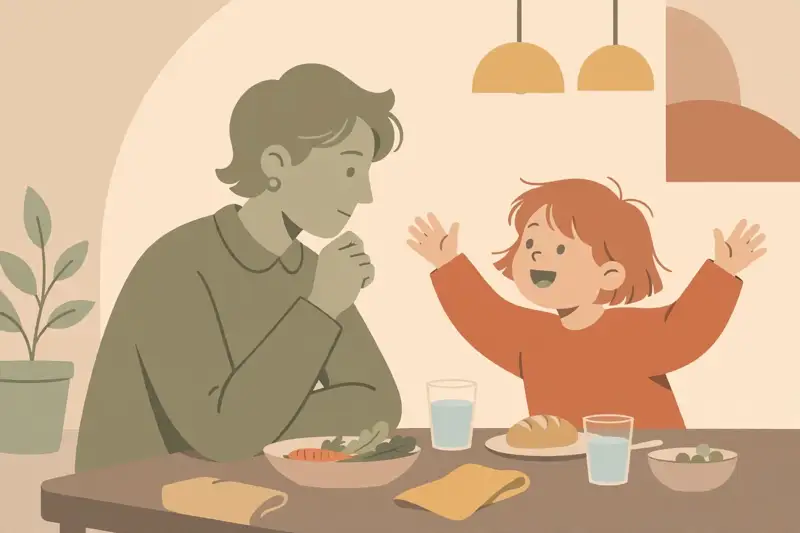 A parent listening closely while a child talks excitedly at the dinner table