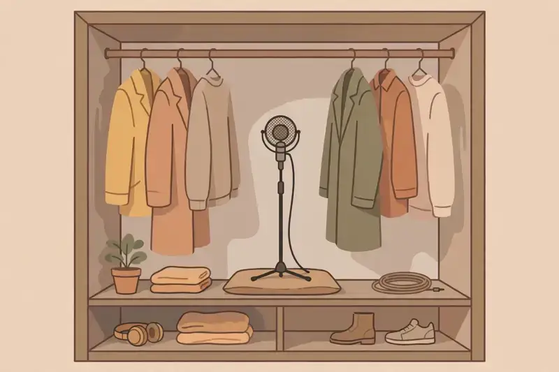 A cozy closet recording setup with a microphone and soft clothes