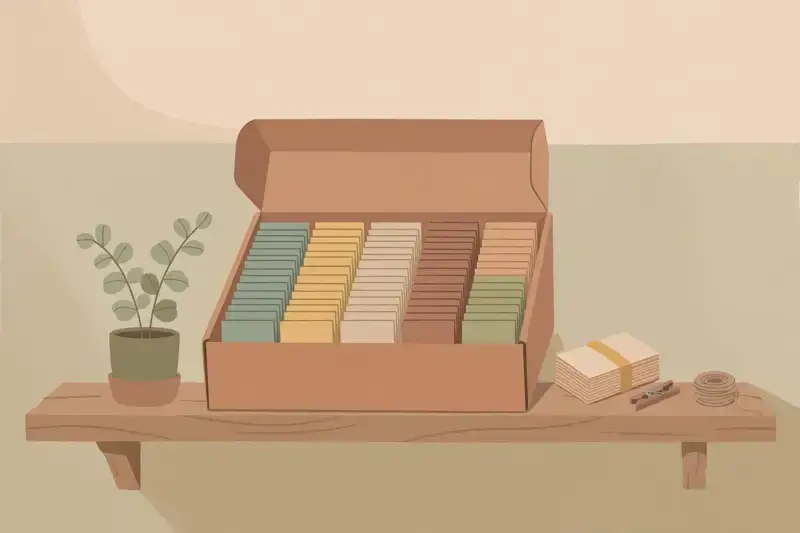 A card box full of organized prompt template cards on a shelf