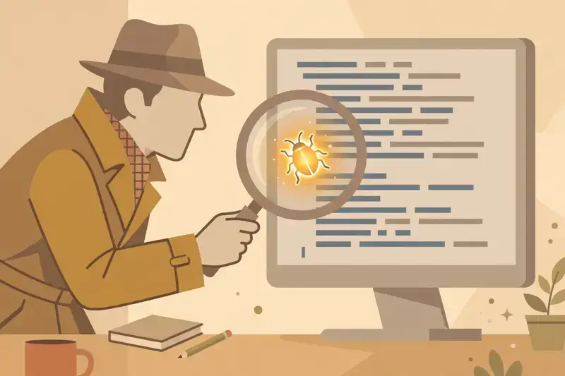 A detective finding a glowing bug among code on a screen