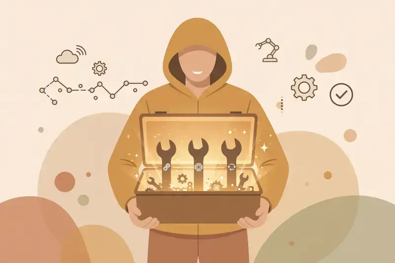 A person holding a glowing toolbox of automation tools
