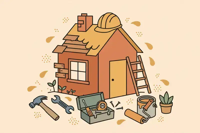 A small fixer-upper house with a hard hat and tools