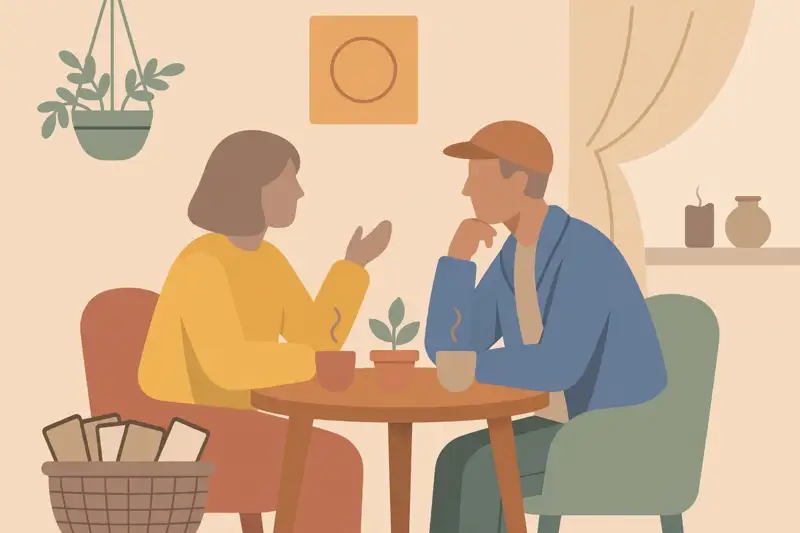 Two people at a small table talking, phones put away in a basket