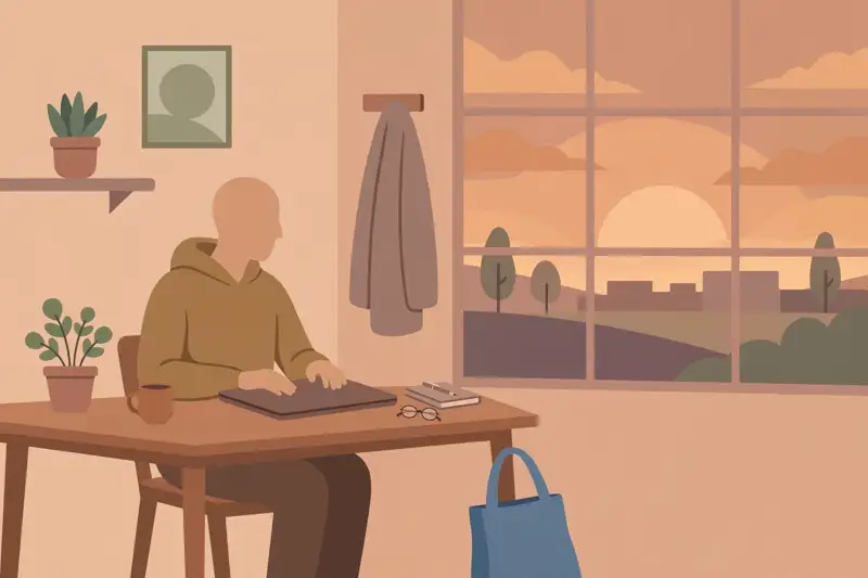 A person closing a laptop at sunset, ending the workday with a healthy boundary