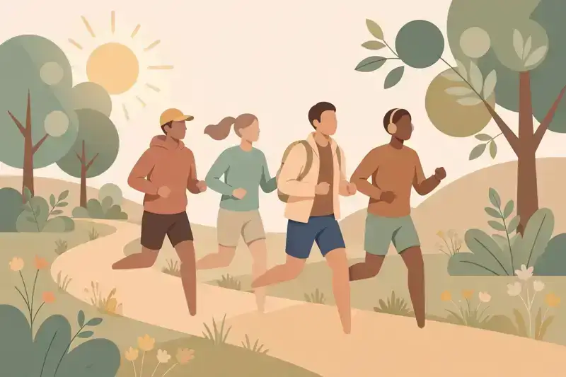 A group of runners jogging together on a park trail in the morning