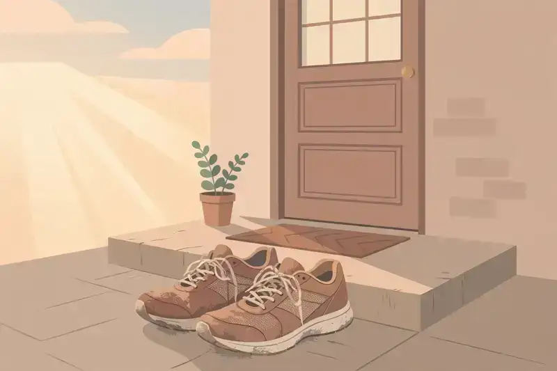 A pair of running shoes waiting on a front doorstep at dawn