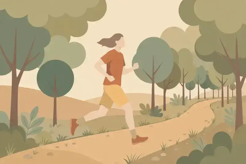 A runner mid-stride on a tree-lined path with relaxed form