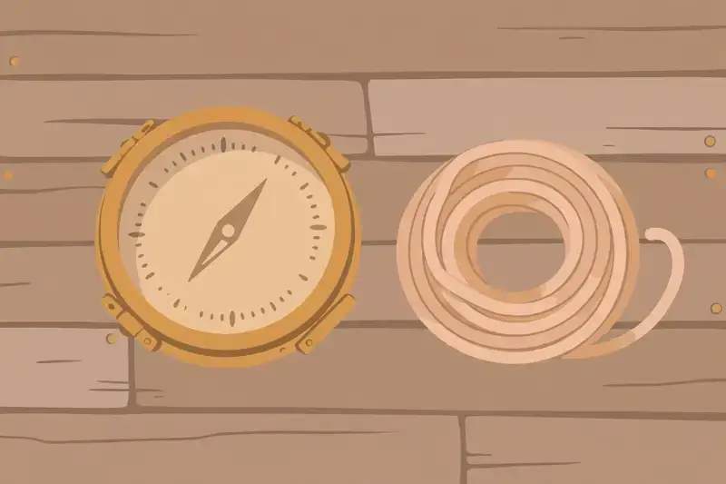 A flat illustration of a ship's compass and coiled rope on a wooden deck