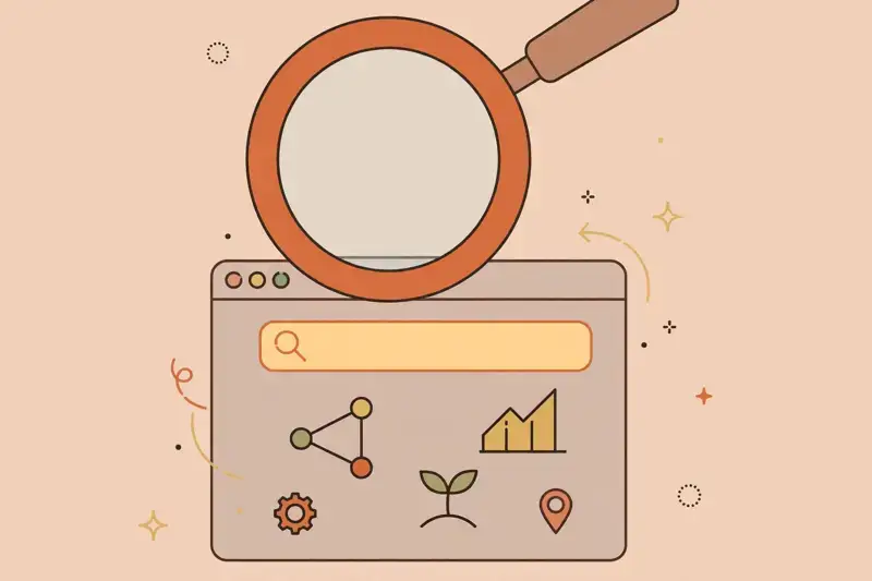 A magnifying glass hovering over a webpage with a search bar
