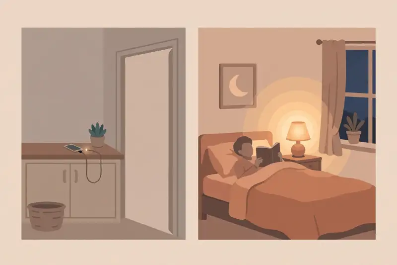 A phone charging outside the bedroom while someone reads a book in warm lamplight