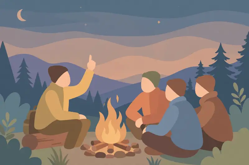 A person telling an animated story to friends gathered around a campfire