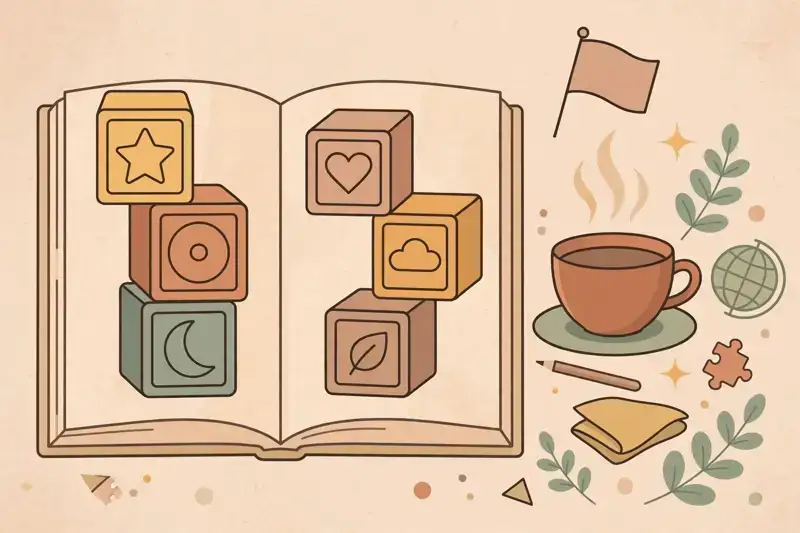 An open book with large alphabet letters and a coffee cup