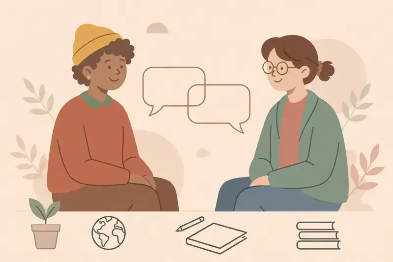 Two friendly people in conversation with speech bubbles between them
