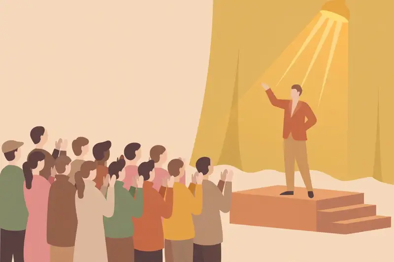 An audience applauding a confident speaker on stage