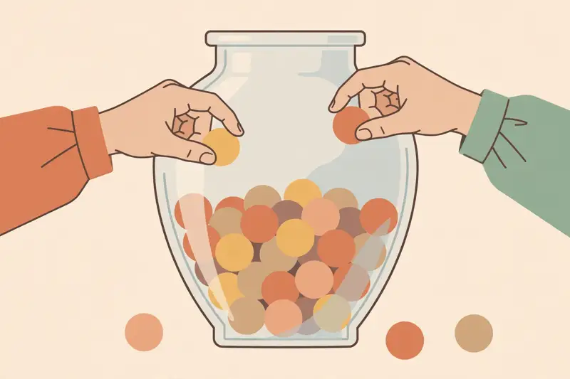 Hands drawing balls from a large urn to illustrate sampling