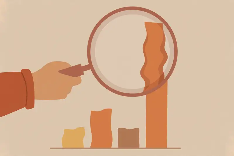 A magnifying glass over a distorted bar chart with a stretched axis