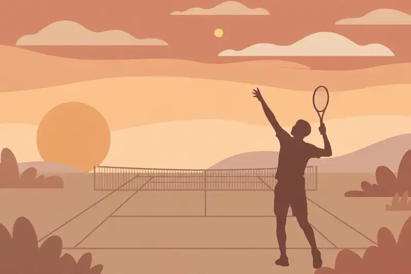A flat illustration of a player silhouette serving on a tennis court at sunset