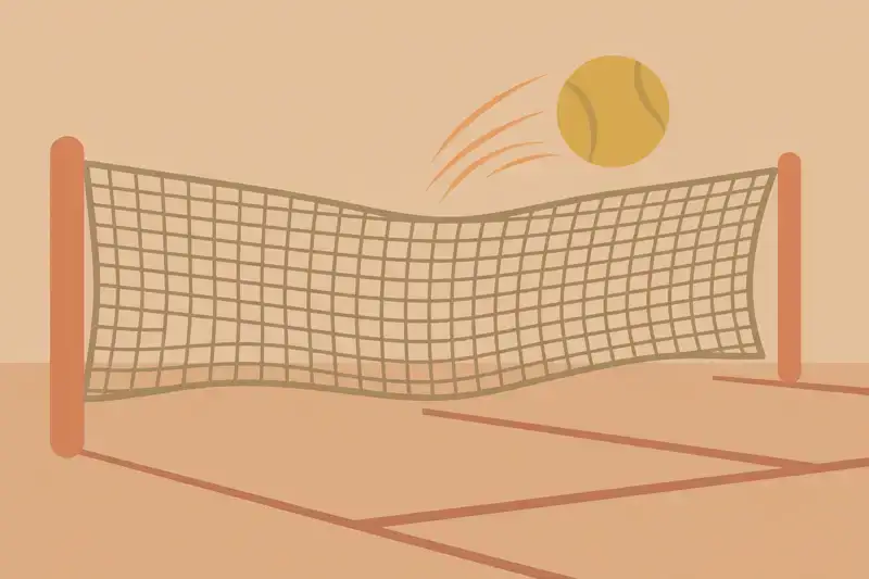 A flat illustration of a tennis net closeup with a ball bouncing over it