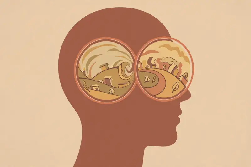 A head with warped magnifying lenses showing distorted views