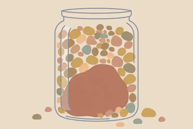 Big rocks and small pebbles fitting into a glass jar