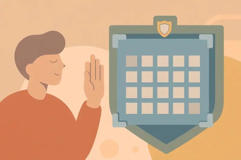 A person politely declining while a calendar stands firm, protecting time