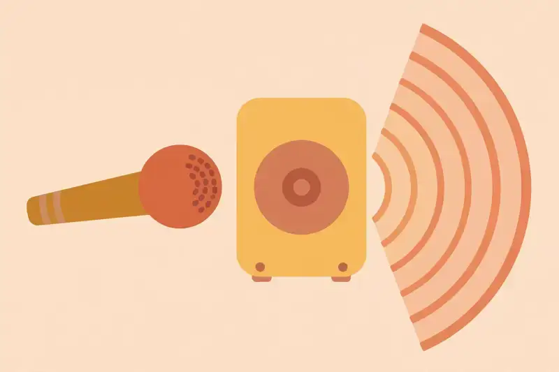 A microphone close to a speaker, sound waves clear and strong