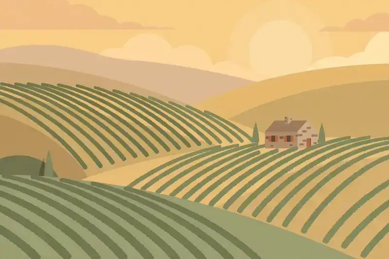 A flat illustration of vineyard rows on green hills at golden hour