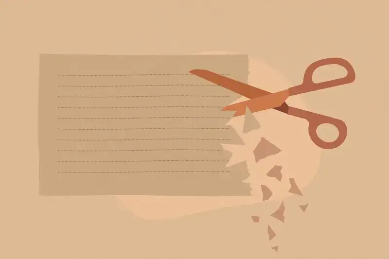 Scissors trimming extra words off a page of writing
