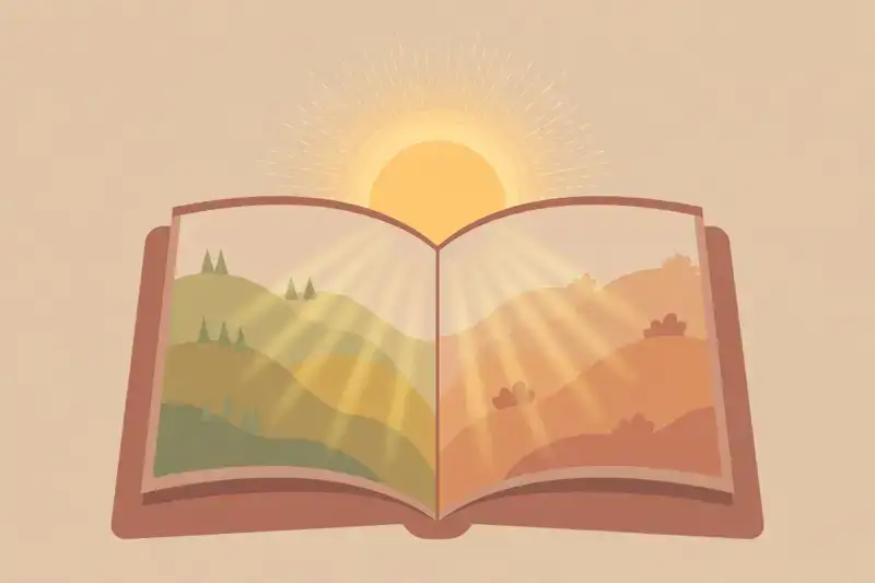 An open book with a story unfolding above its pages