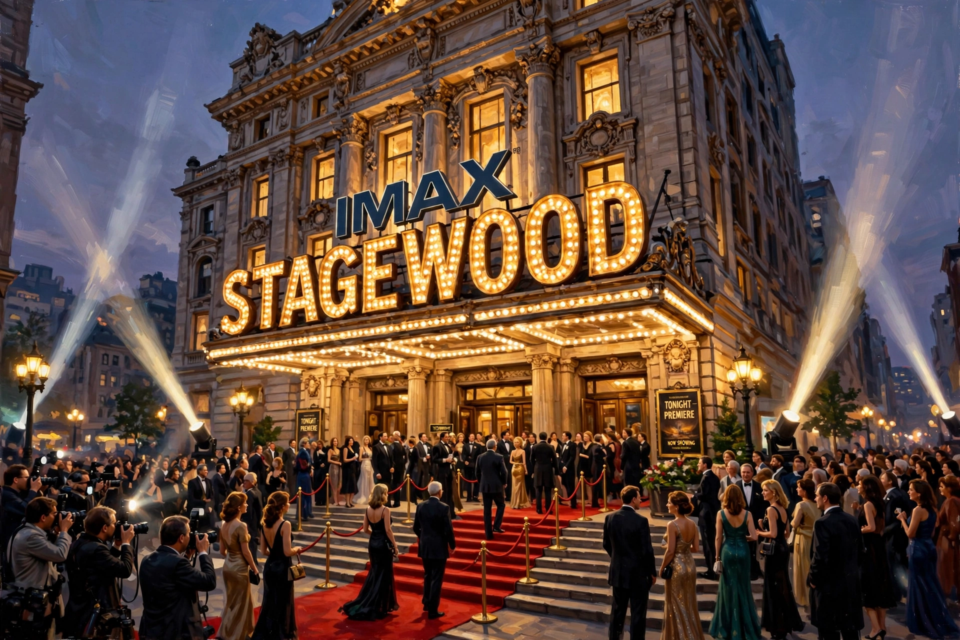 The Stagewood IMAX in TawnySquire on premiere night: grand palace theater with IMAX STAGEWOOD in giant golden bulb letters, red carpet, photographers, and searchlights in the dusk sky
