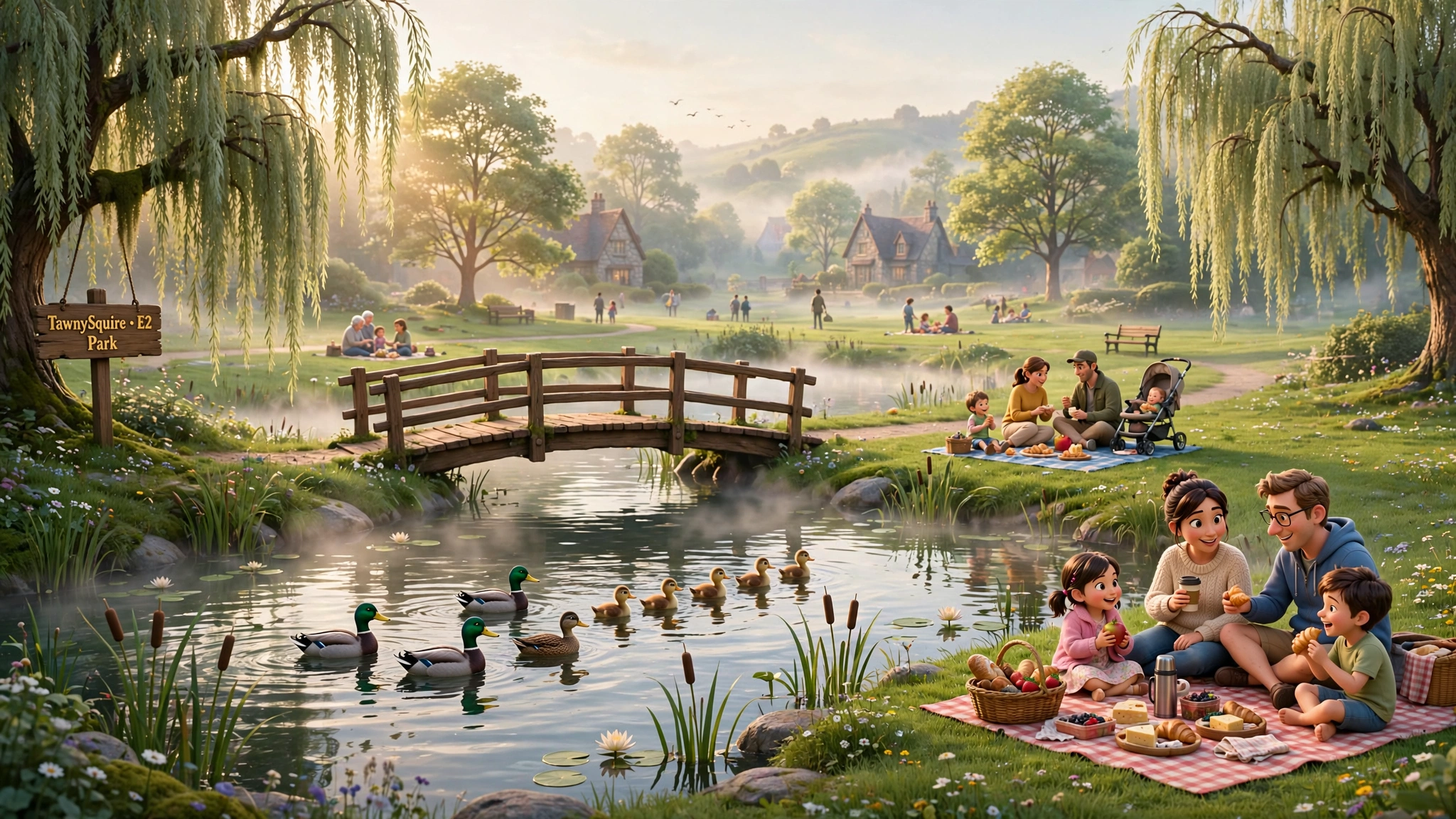 The park in TawnySquire: pond with ducks, weeping willows, wooden footbridge, morning mist