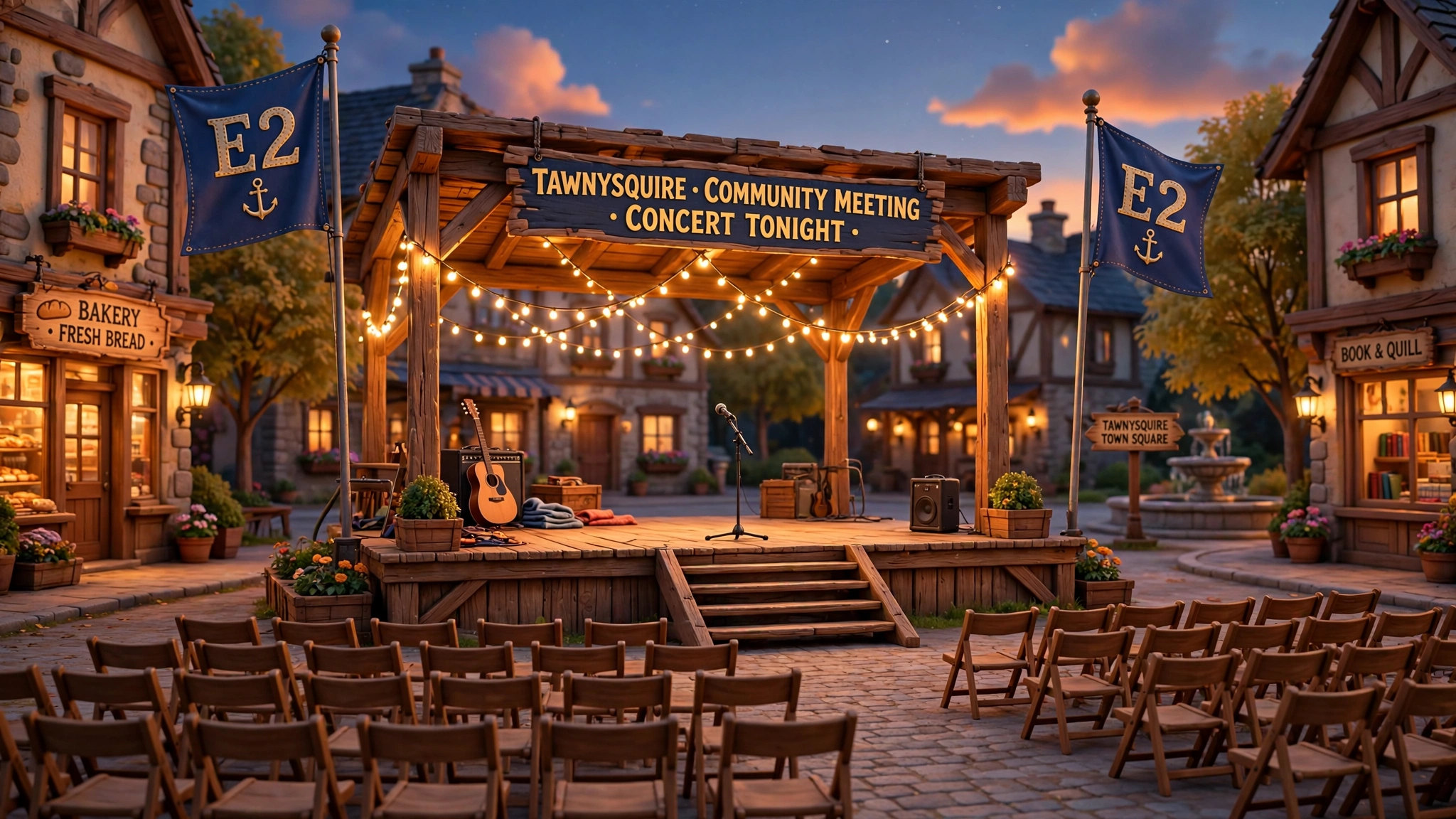 The outdoor stage in TawnySquire town square: wooden stage with string lights, E2 flags, evening sky