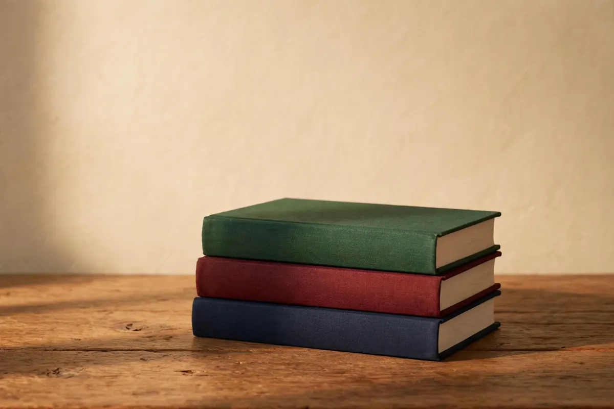 A stack of clothbound hardcover books in green, burgundy, and navy