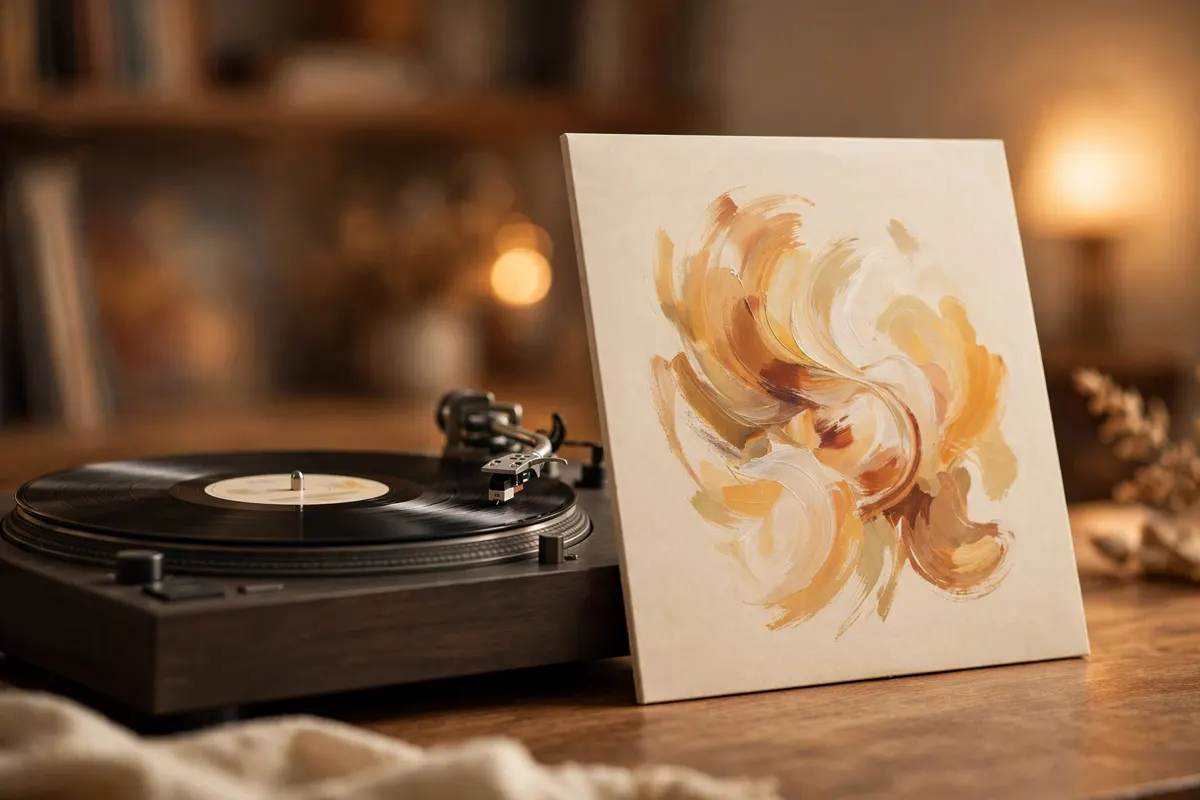 A vinyl record on a turntable beside an album sleeve with abstract amber artwork